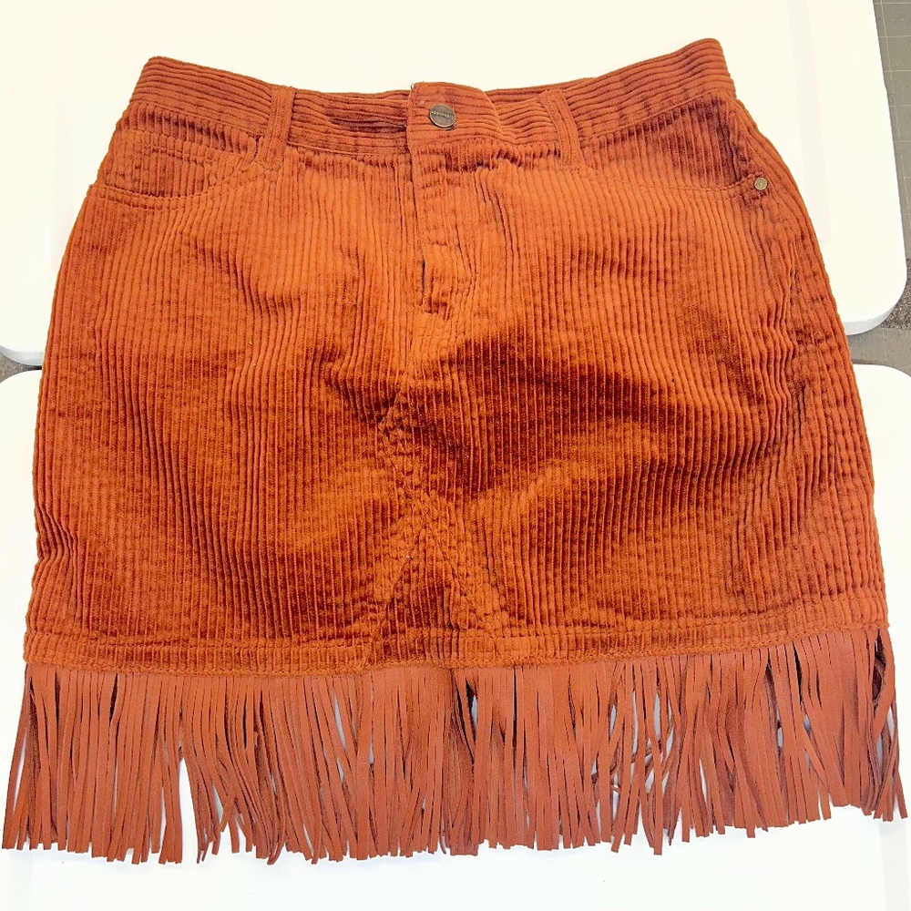 Sanctuary denim burnt orange corduroy skirt w/ added  leather fringe - size 6